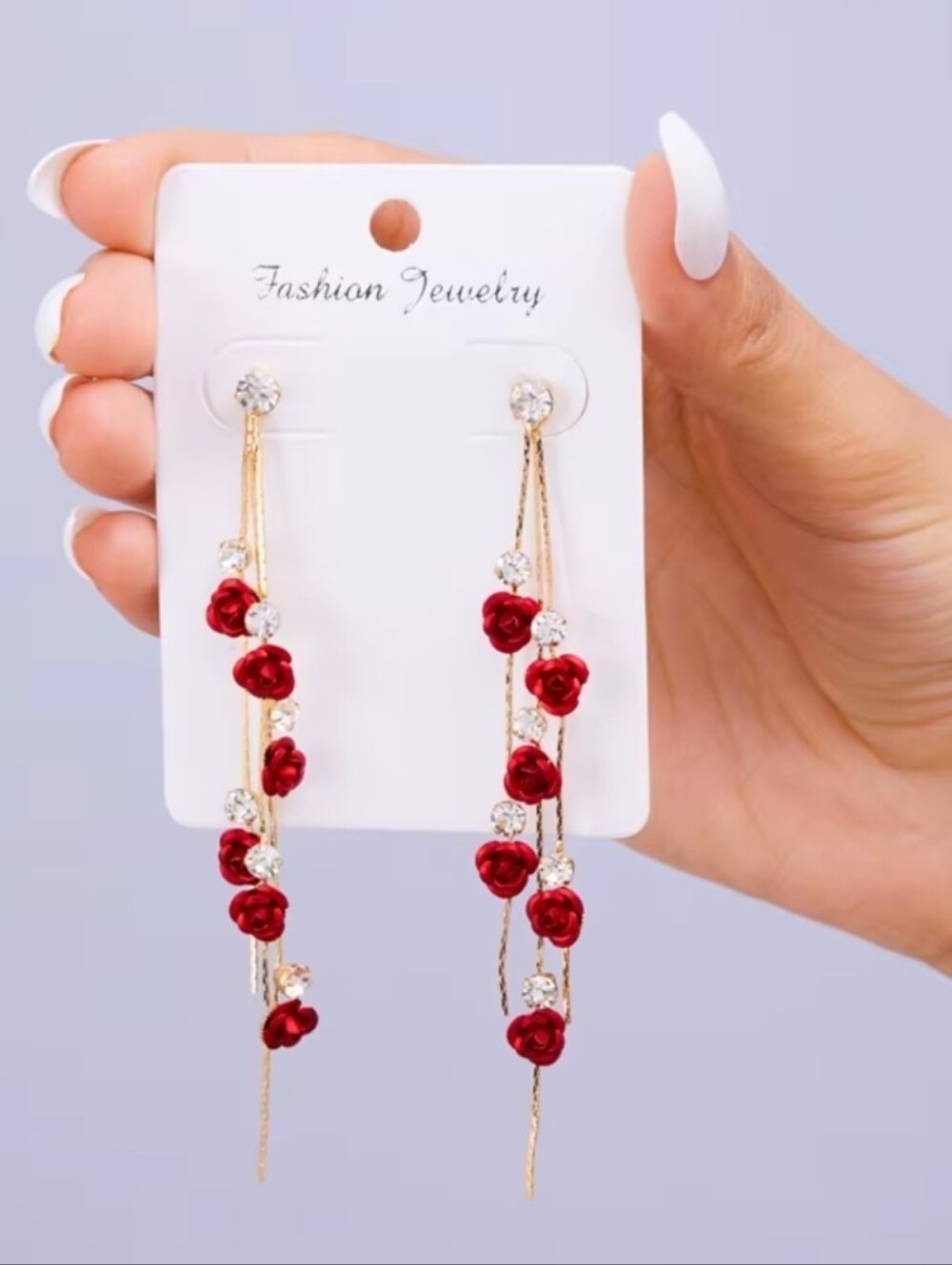 NEW Red Rose Rhinestone Long Dangle Drop Earrings Gold Tone